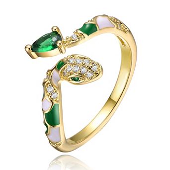 14k Gold Over Silver Green & Clear Cubic Zirconia Coiled Snake Bypass Ring