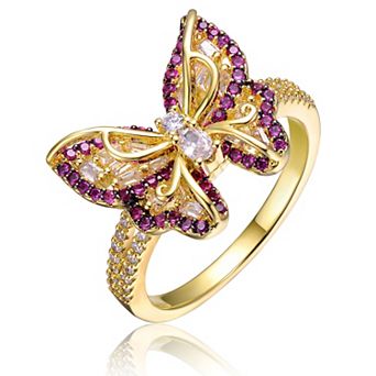 14k Gold Over Silver Purple & Clear Cubic Zirconia Butterfly Ring