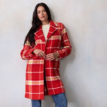 Petite LC Lauren Conrad Long Plaid Overcoat