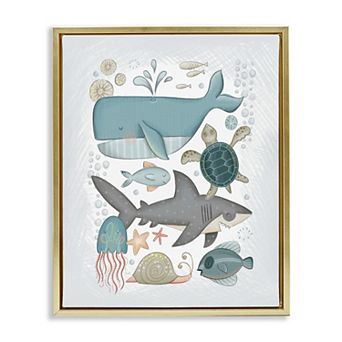 Stupell Home Decor Blue Maritime Animals Framed Canvas Wall Art