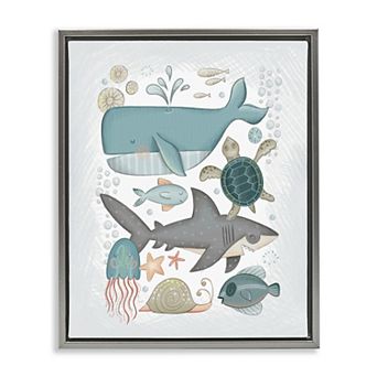 Stupell Home Decor Blue Maritime Animals Framed Canvas Wall Art