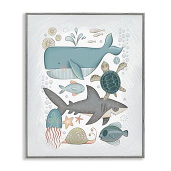 Stupell Home Decor Blue Maritime Animals Thin Framed Canvas Wall Art