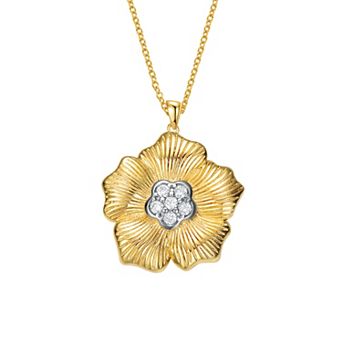 Rhodium and 14k Gold Plated Sterling Silver Cubic Zirconia Floral Pendant Necklace