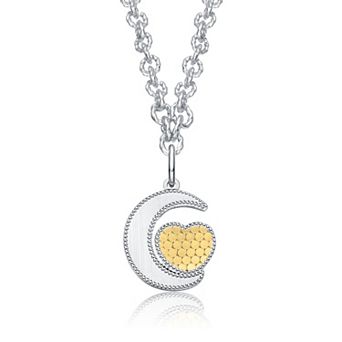 Two-Tone Crescent Moon and Heart Pendant Necklace