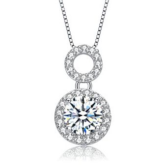 Sterling Silver Cubic Zirconia Solitaire Double Halo Drop Pendant Necklace