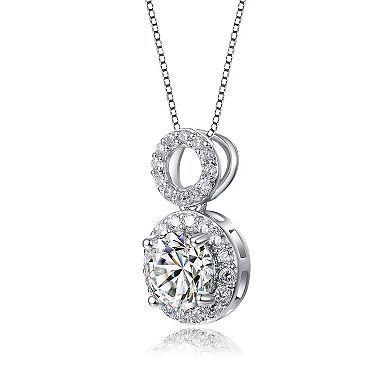 Sterling Silver Cubic Zirconia Solitaire Double Halo Drop Pendant Necklace