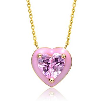 14k Yellow Gold Over Sterling Silver Pink Cubic Zirconia and Enamel Heart Dainty Pendant Necklace