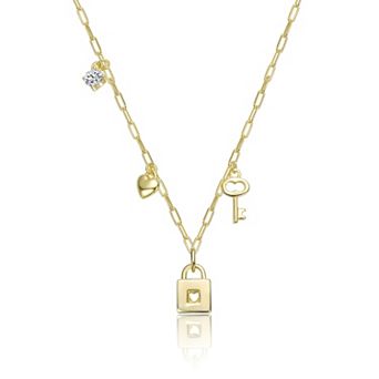 Kids 14k Gold Over Sterling Silver Cubic Zirconia Heart and Key Charm Lock Pendant Necklace