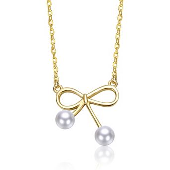 Kids 14k Gold Over Sterling Silver and Dual Simulated Pearl Bow Necklace