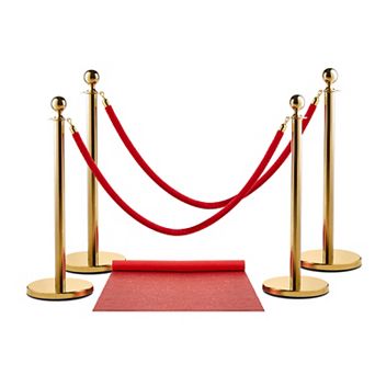 Zink Red Carpet Bundle, 4 pc Stainless Steel Gold Stanchion Posts with Velvet Rope and Red Carpet