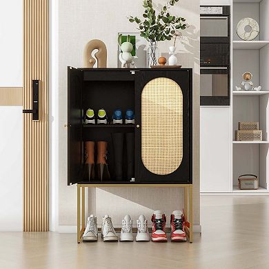 Mondawe Natural Rattan Double Door High Cabinet With Adjustable Shelves Independent Cabinets