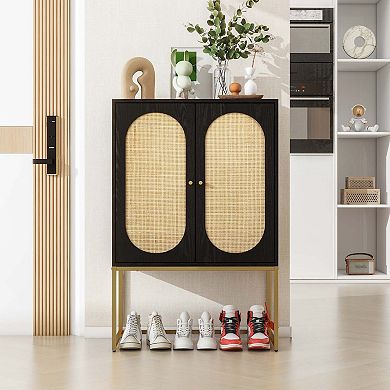Mondawe Natural Rattan Double Door High Cabinet With Adjustable Shelves Independent Cabinets