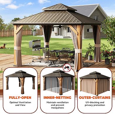 Mondawe 12x12 ft. Galvanized Steel Double Roof Cedar Wood Frame Hardtop Gazebo w/ Curtains & Netting