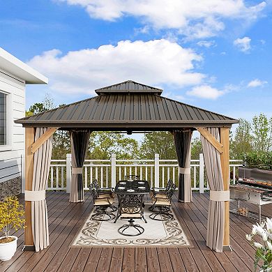 Mondawe 12x12 ft. Galvanized Steel Double Roof Cedar Wood Frame Hardtop Gazebo w/ Curtains & Netting