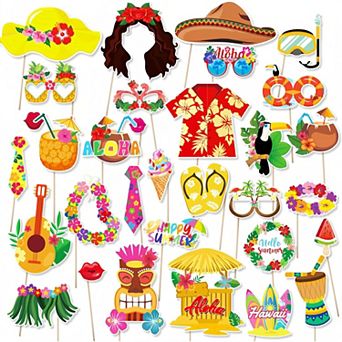 Zink 30 pc Luau Party Photo Booth Props with 30 Sticks and 60 Self-Adhesive Tapes for Photo Booths