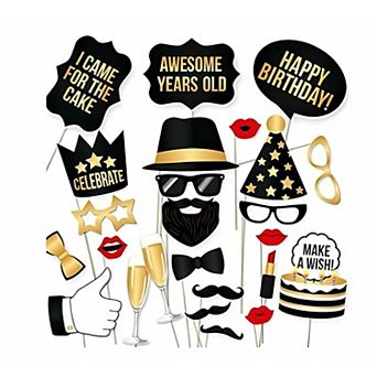 Zink 25 pc Birthday Party Photo Booth Props, 25 Multicolored Happy Birthday Props for Adults & Kids