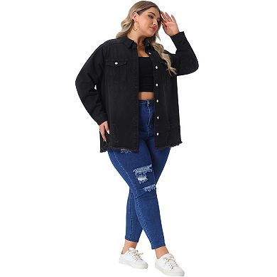 Women's Plus Size Button Denim Jackets Casual Long Boyfriend Long Sleeve Shirt Jean Jacket
