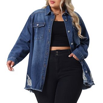 Women's Plus Size Button Denim Jackets Casual Long Boyfriend Long Sleeve Shirt Jean Jacket