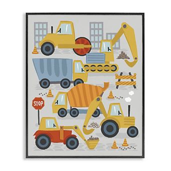 Stupell Home Decor Construction Vehicles Traffic Cones Illustration Framed Canvas Wall Art