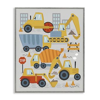 Stupell Home Decor Construction Vehicles Traffic Cones Illustration Framed Canvas Wall Art
