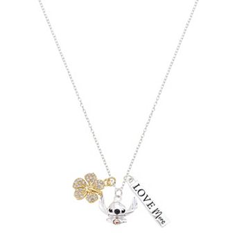 Disney's Lilo & Stitch "Love More" Bar & Hibiscus Flower & Stitch Charm Pendant Necklace