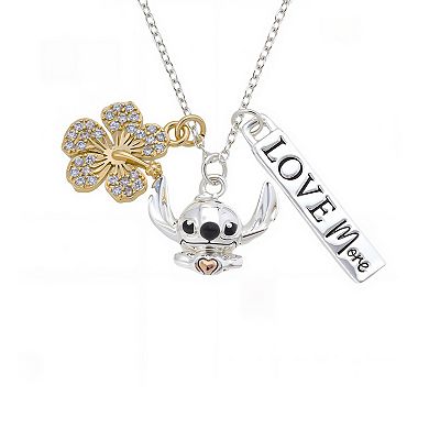 Disney's Lilo & Stitch "Love More" Bar & Hibiscus Flower & Stitch Charm Pendant Necklace