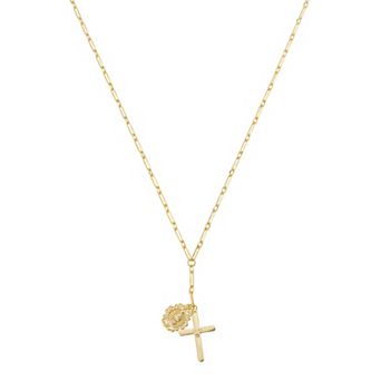 Gratitude & Grace 14k Gold Plated Virgin Mary Charm & Cross Pendant Necklace