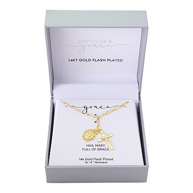 Gratitude & Grace 14k Gold Plated Virgin Mary Charm & Cross Pendant Necklace