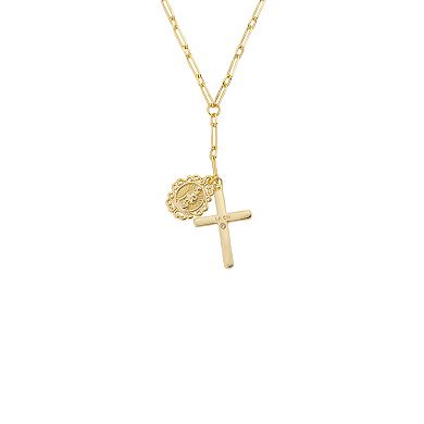 Gratitude & Grace 14k Gold Plated Virgin Mary Charm & Cross Pendant Necklace