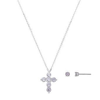 Gratitude & Grace Fine Silver Plated Cubic Zirconia Cross Pendant & Earring Set