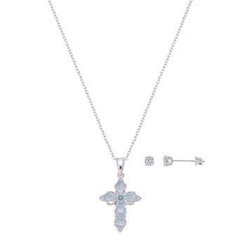 Gratitude & Grace Fine Silver Plated Simulated Opal Cross Pendant & Cubic Zirconia Earring Set