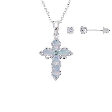 Gratitude & Grace Fine Silver Plated Simulated Opal Cross Pendant & Cubic Zirconia Earring Set