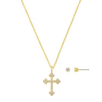 Gratitude & Grace 14k Gold Plated Cubic Zirconia Cross Pendant & Earring Set