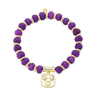 Disney's Mickey Mouse 14k Gold Flash Plated Charm & Amethyst Beaded Stretch Bracelet