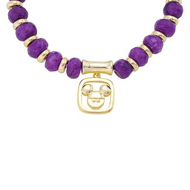 Disney's Mickey Mouse 14k Gold Flash Plated Charm & Amethyst Beaded Stretch Bracelet