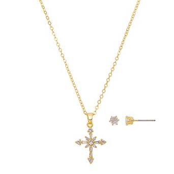 Gratitude & Grace 14k Gold Plated Cubic Zirconia Cross Pendant & Earring Set