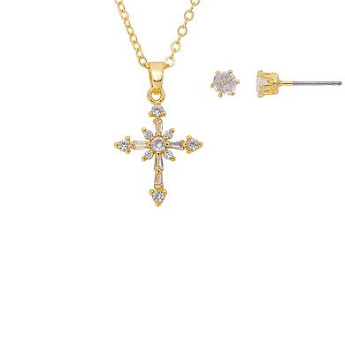 Gratitude & Grace 14k Gold Plated Cubic Zirconia Cross Pendant & Earring Set