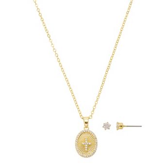 Gratitude & Grace 14k Gold Plated Cubic Zirconia Cross Medallion Pendant & Earring Set
