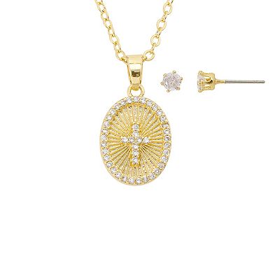Gratitude & Grace 14k Gold Plated Cubic Zirconia Cross Medallion Pendant & Earring Set