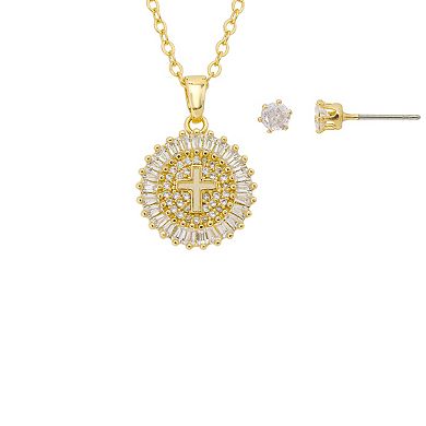 Gratitude & Grace 14k Gold Plated Cubic Zirconia Cross Pendant & Earring Set