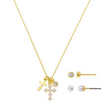 Gratitude & Grace Girls 3 pc Gold Plated Cross & Pearl Pendant Necklace & Earring Set