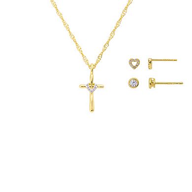 Girls Gratitude & Grace 3-pc. 14k Gold Plated Cross & Cubic Zirconia Earring Set