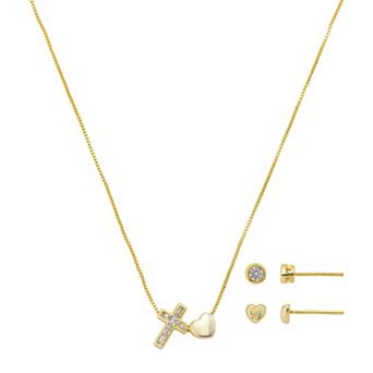 Gratitude & Grace Girls 3 pc Cubic Zirconia Cross & Heart Pendant Necklace & Earring Set