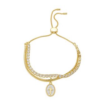 Gratitude & Grace Cross Inlay Mother-of-Pearl Herringbone Chain Adjustable Bracelet