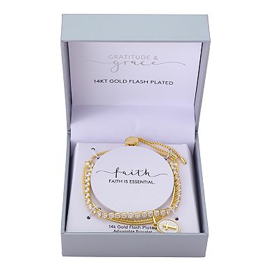 Gratitude & Grace Cross Inlay Mother-of-Pearl Herringbone Chain Adjustable Bracelet