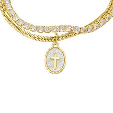 Gratitude & Grace Cross Inlay Mother-of-Pearl Herringbone Chain Adjustable Bracelet