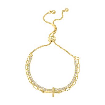 Gratitude & Grace Gold Plated Cross Link Chain and Cubic Zirconia Adjustable Bracelet