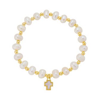 Gratitude & Grace 14k Gold Plated Simulated Pearl Cross Stretch Bracelet