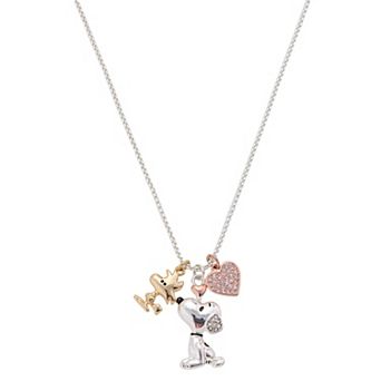 Peanuts Snoopy, Woodstock & Crystal Heart Charm Pendant Necklace
