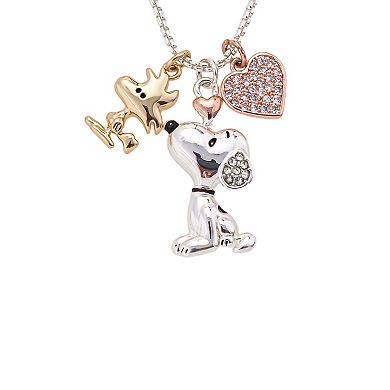 Peanuts Snoopy, Woodstock & Crystal Heart Charm Pendant Necklace